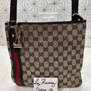 Gucci Beige and Brown Crossbody messenger Bag with Green and Red Stripe